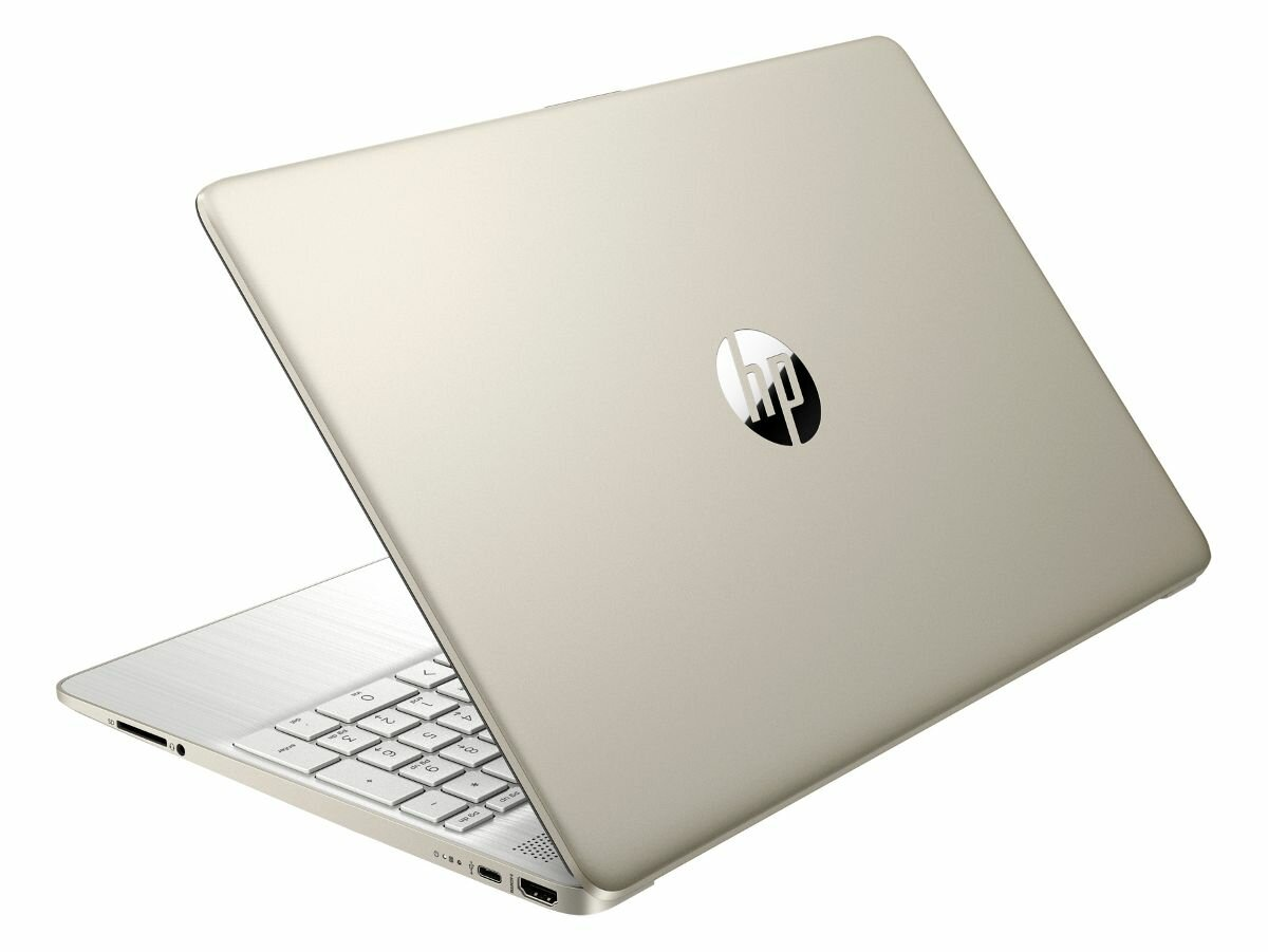 Złoty laptop HP, widok z tyłu, otwarty. Klawiatura widoczna, logo HP widoczne.