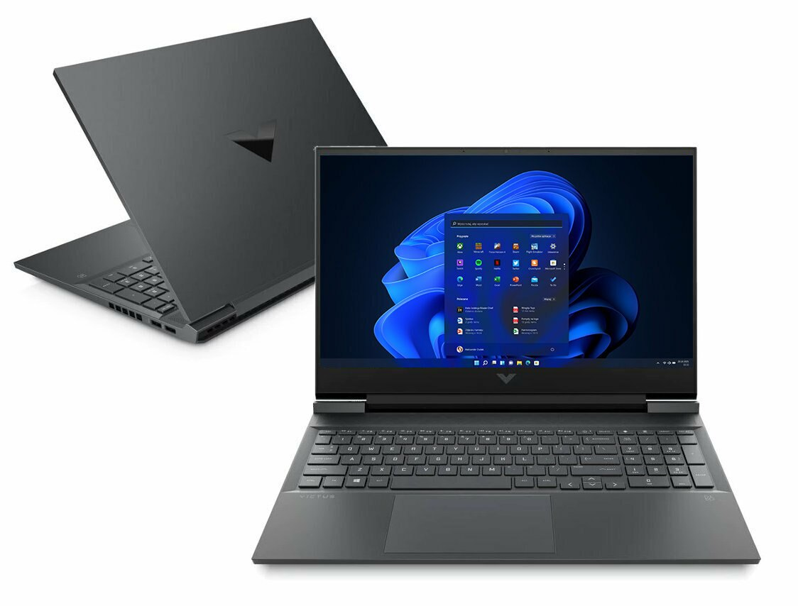 Dwa ciemnoszare laptopy, jeden otwarty, drugi zamknięty, na białym tle.