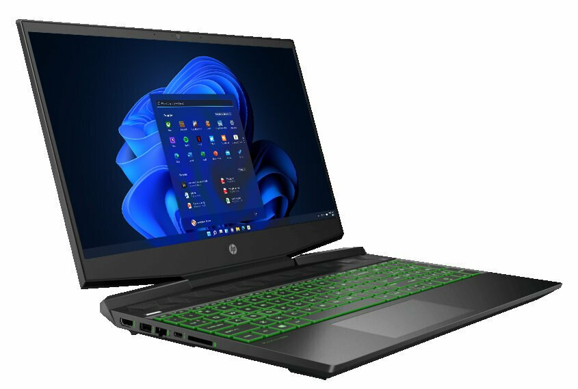 Czarny laptop z zieloną klawiaturą i interfejsem Windows 11 na ekranie.