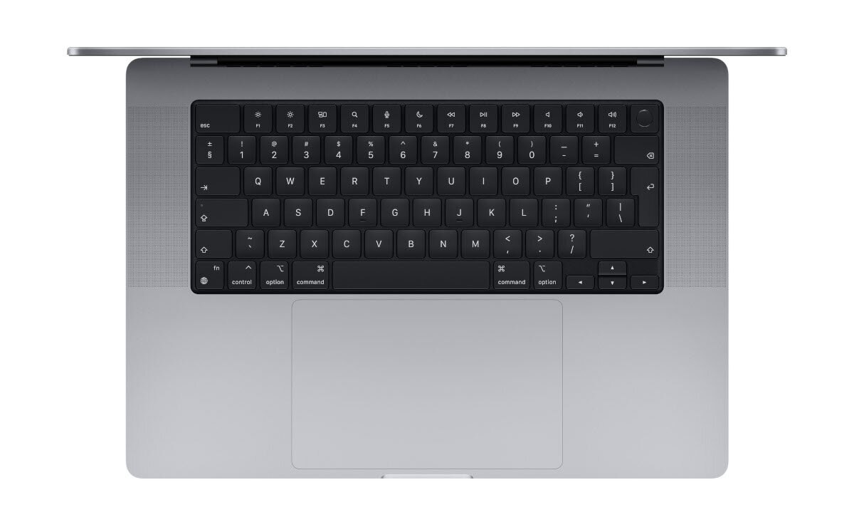 Widok z góry na srebrnego laptopa z czarną klawiaturą i dużym gładzikiem.