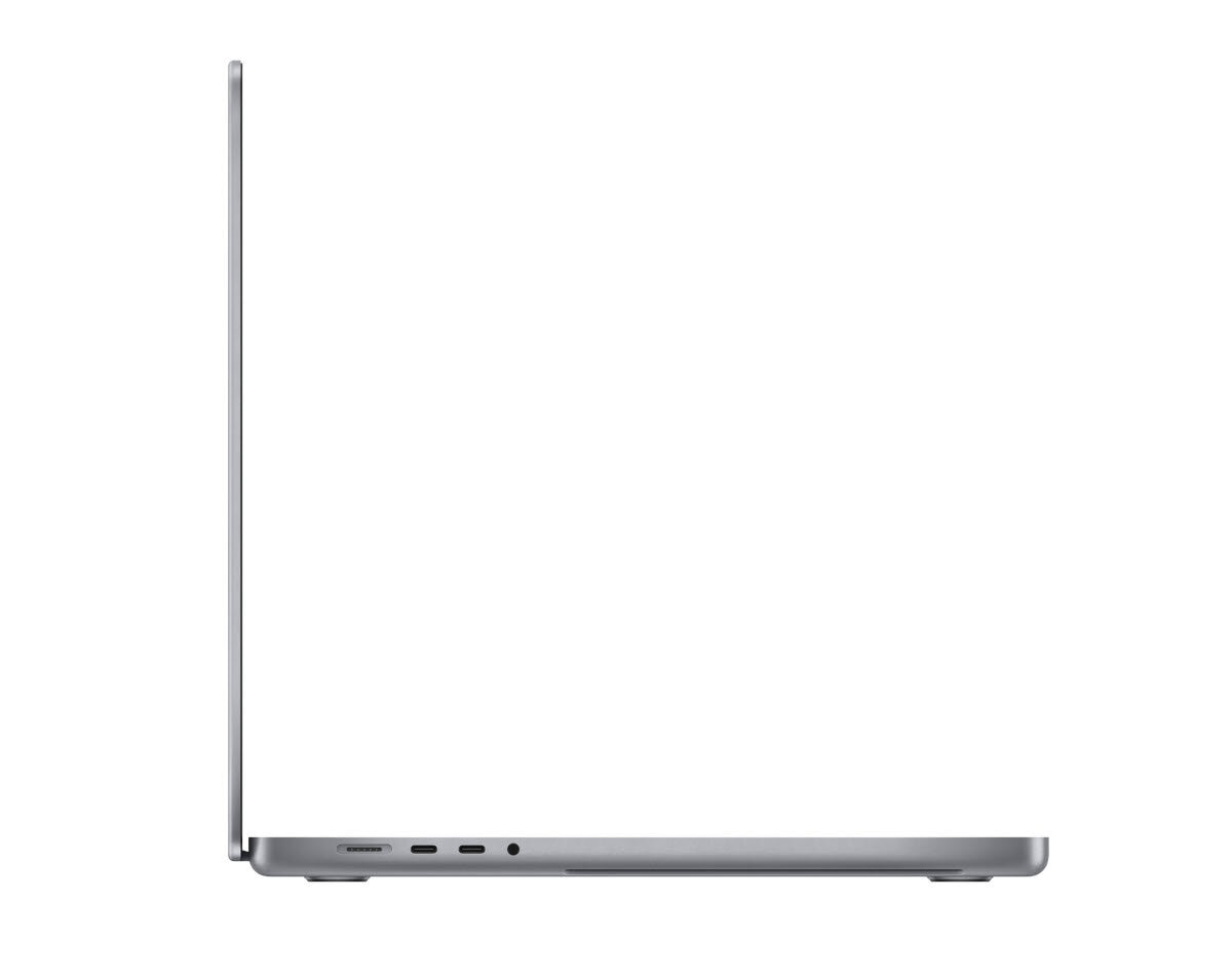 Widok z boku laptopa, kolor szary, widoczne porty, w tym USB-C i gniazdo słuchawkowe. Białe tło.
