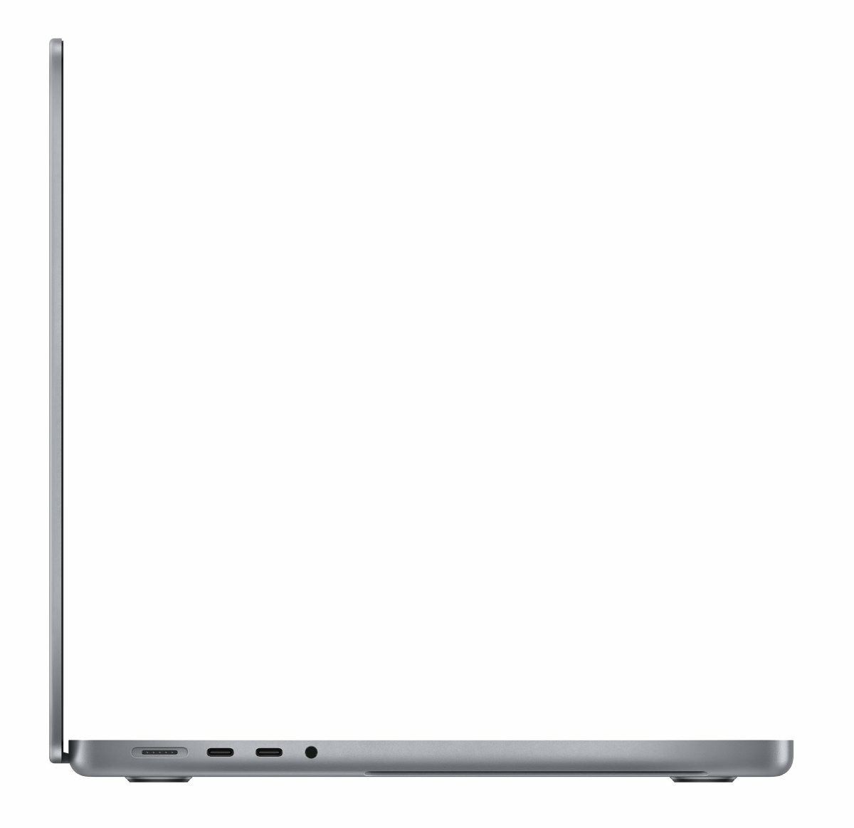 Widok z boku szarego laptopa, pokazujący porty i elegancki design.