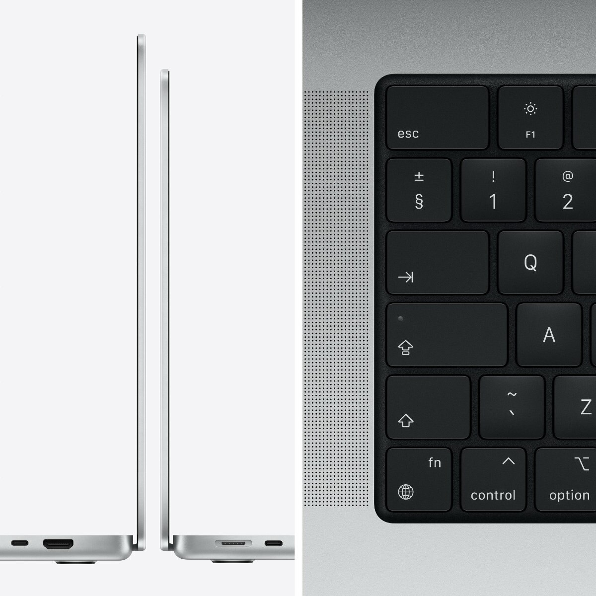 Dwa widoki srebrnego laptopa: widok z boku i klawiatura. Klawiatura jest czarna z białymi literami.