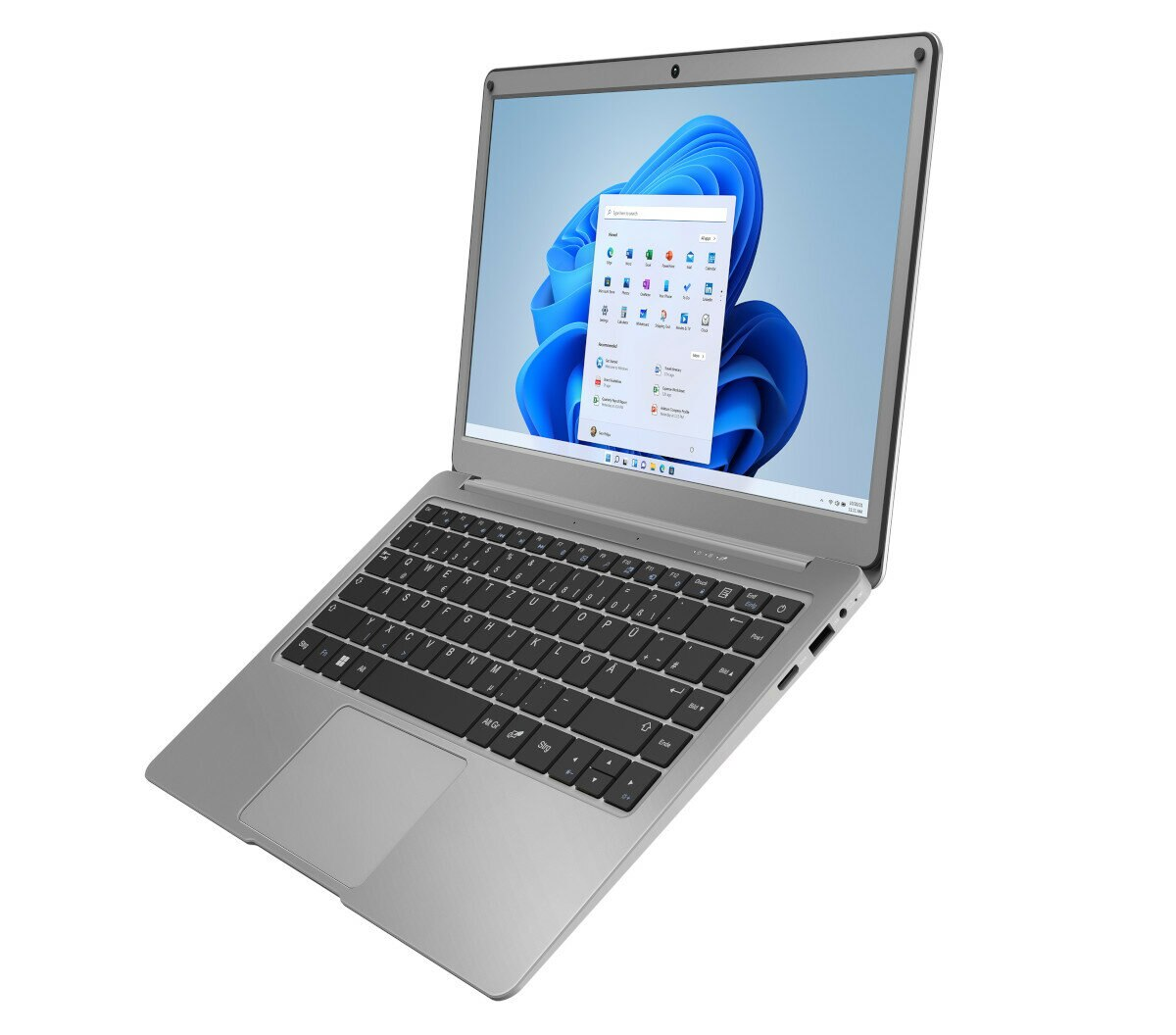 Srebrny laptop z wyświetlaczem Windows 11. Klawiatura widoczna, skierowany w prawo.