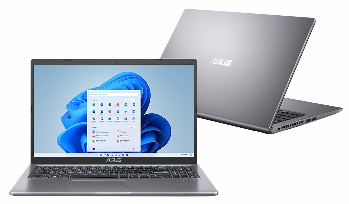 Dwa szare laptopy, jeden otwarty z interfejsem Windows 11, drugi zamknięty.