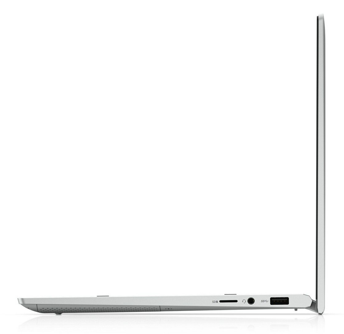 Widok z boku srebrnego laptopa. Jest smukły i ma kilka portów z boku.