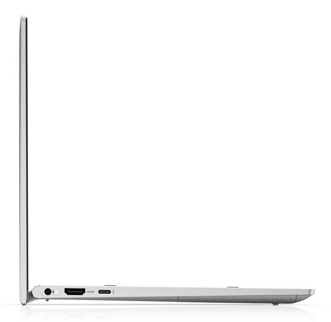 Widok z boku srebrnego laptopa, pokazujący porty: HDMI, port ładowania i głośnik.