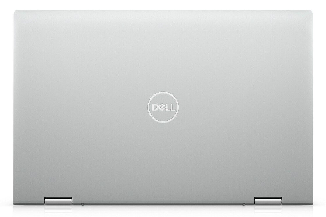 Srebrny laptop Dell, zamknięty, widok z góry, z logo Dell na białym tle.