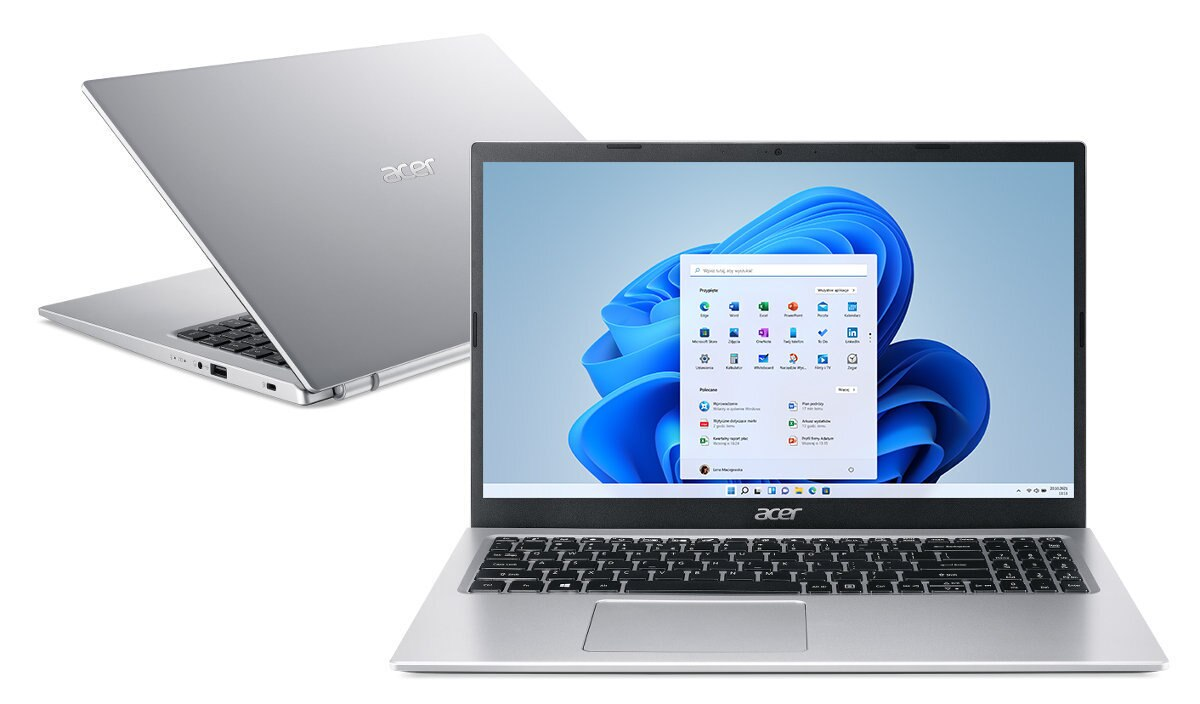 Dwa srebrne laptopy na białym tle. Ekran jednego pokazuje interfejs Windows.