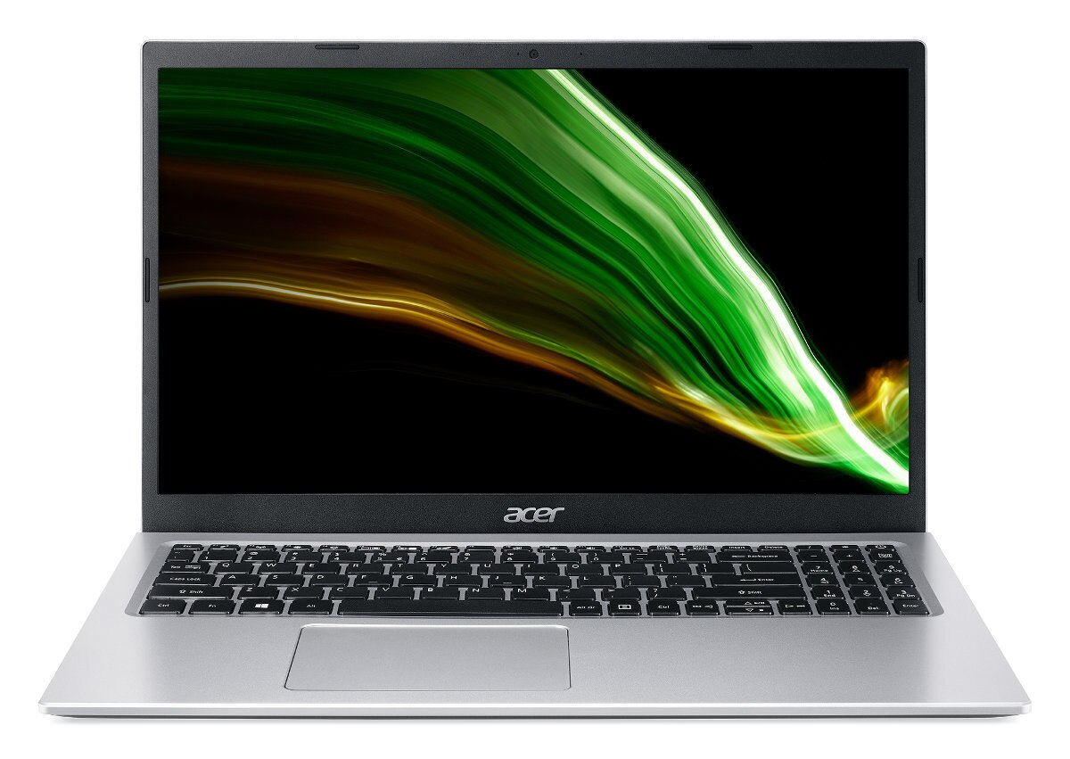 Srebrny laptop Acer otwarty, ekran wyświetla abstrakcyjne zielone i żółte linie na czarnym tle.