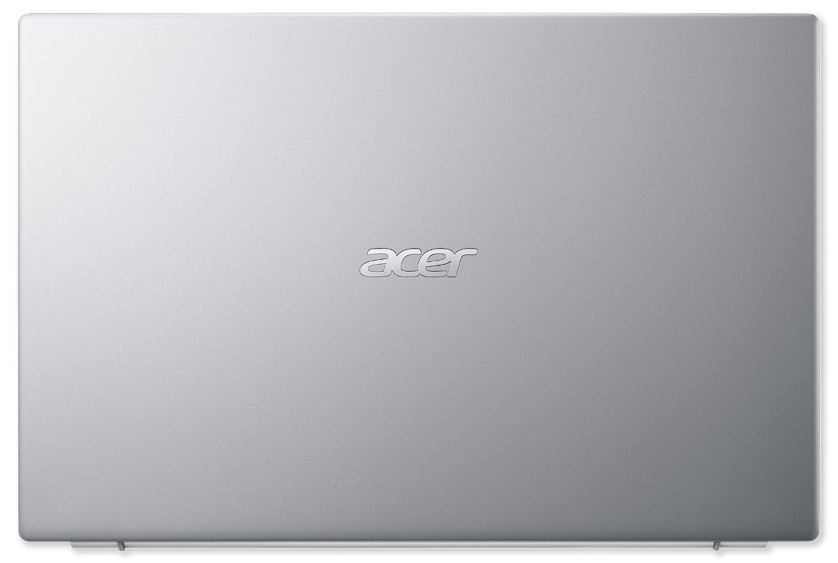 Srebrny laptop z logo 'acer' na górze. Białe tło.