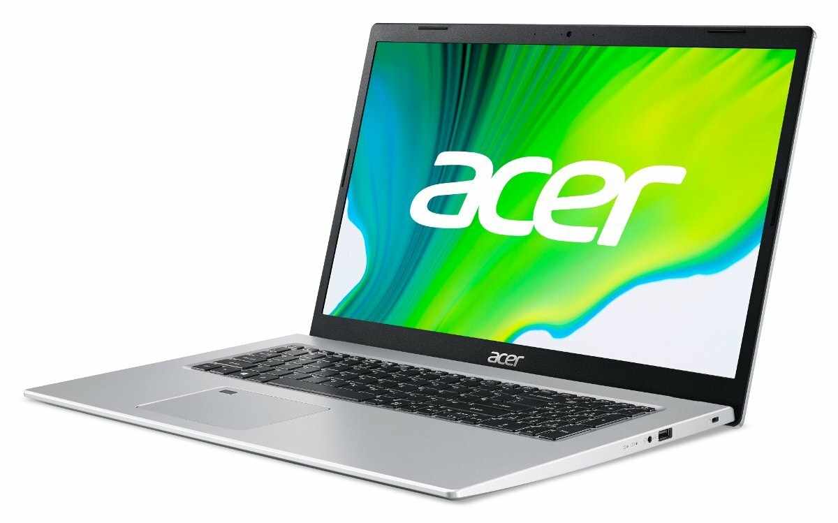 Srebrny laptop Acer otwarty, wyświetlający zielono-niebieski ekran, widoczne logo Acer.