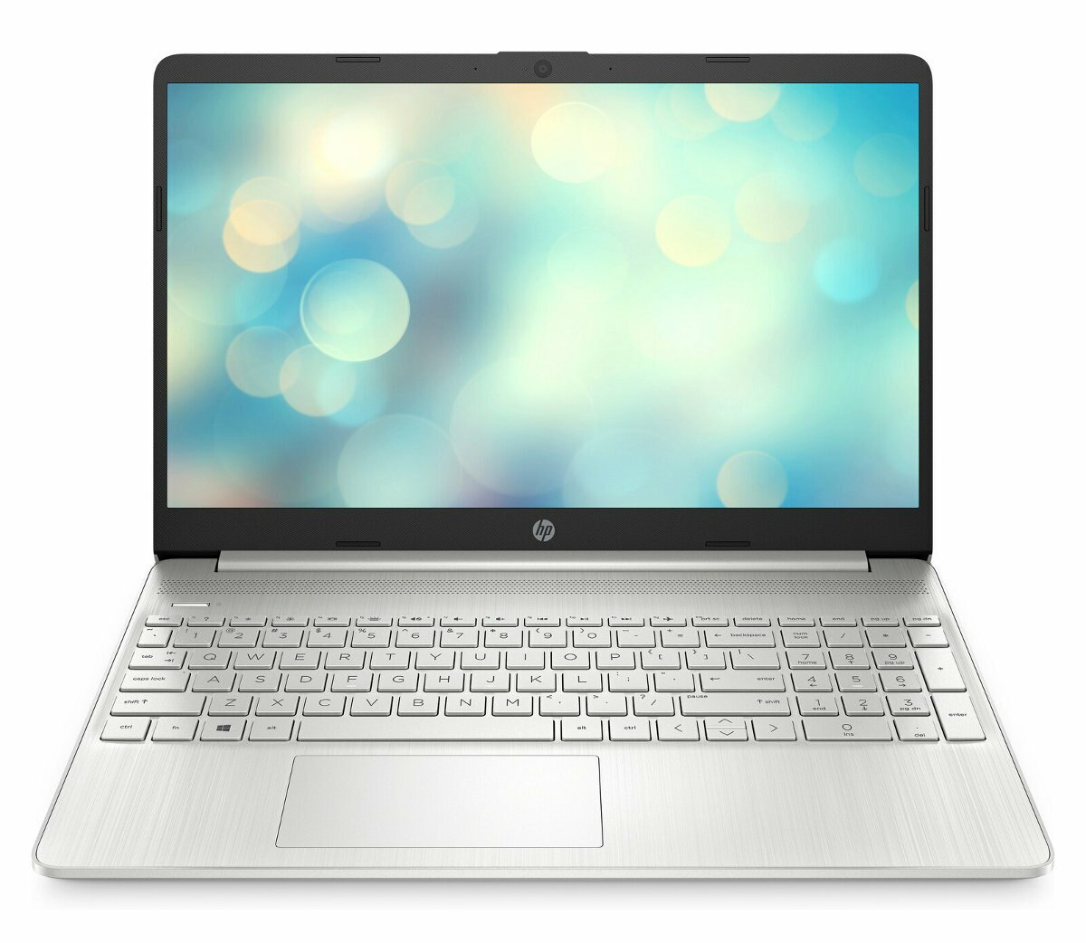 Srebrny laptop HP otwarty, pokazujący kolorowe tło bokeh na ekranie.