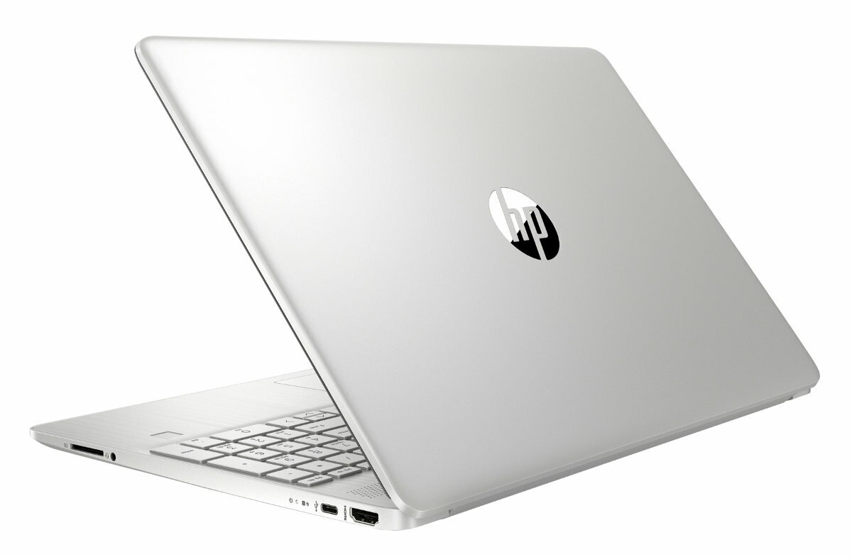 Srebrny laptop, otwarty z tyłu, z logo HP i widocznymi portami.