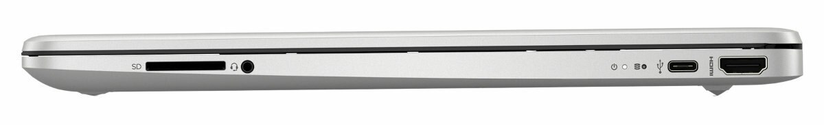 Widok z boku srebrnego laptopa, pokazujący porty.