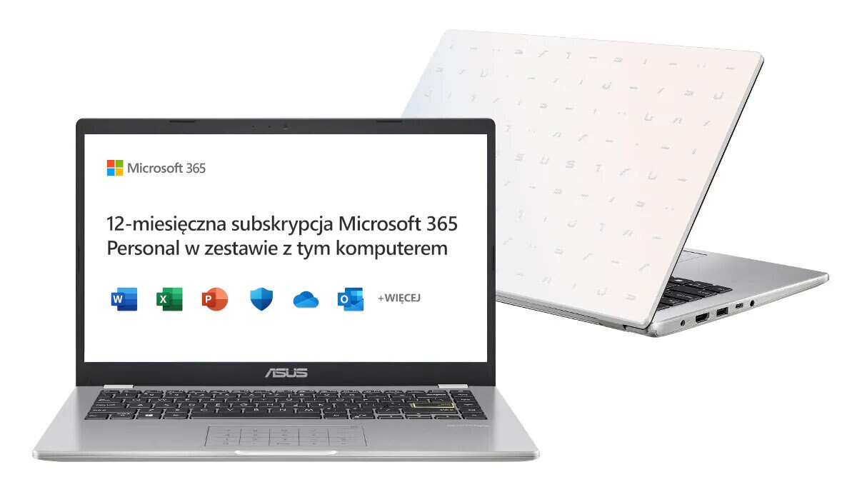 Laptop ASUS E410MA-EK1372WS FHD Celeron N4020/4GB/128GB SSD/INT/Win11HS Biały (Dreamy White) + Microsoft 365 12 mies.