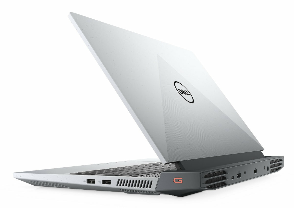 Laptop Dell, otwarty pod kątem. Biała pokrywa z logo Dell, czarna podstawa z portami.