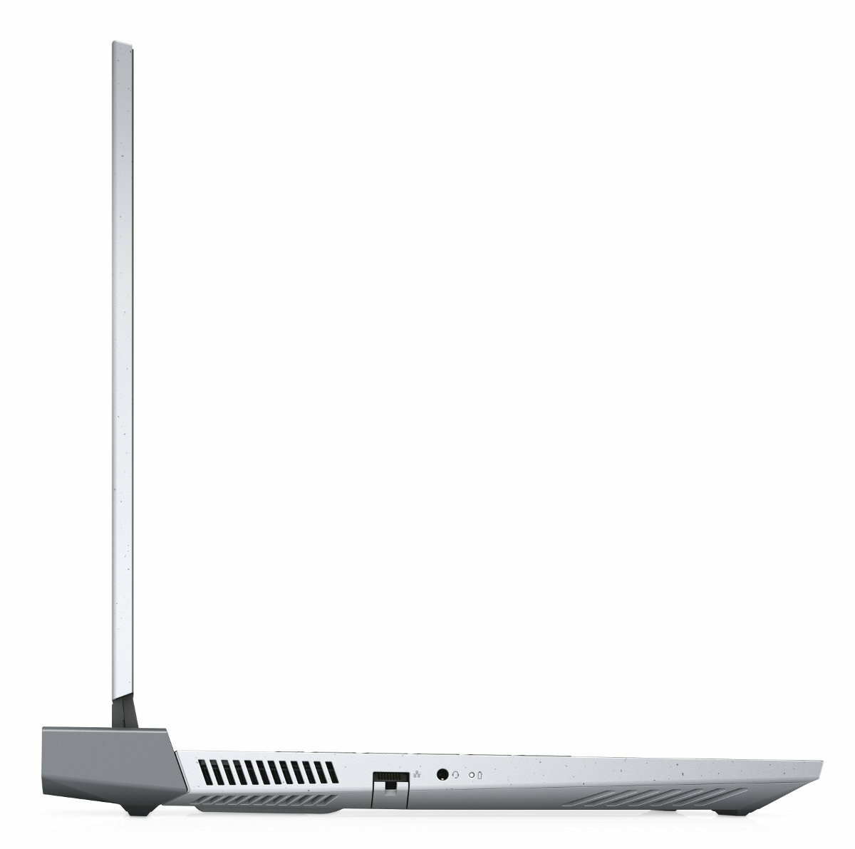 Widok z boku srebrno-szarego laptopa pokazujący porty i smukły profil.