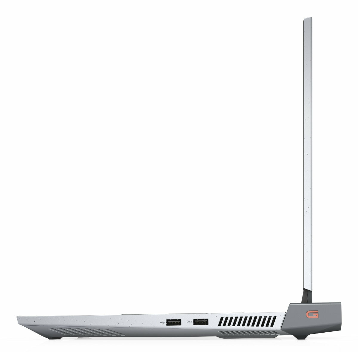 Widok z boku szarego i białego laptopa, częściowo otwartego. Pokazuje porty i wentylację.