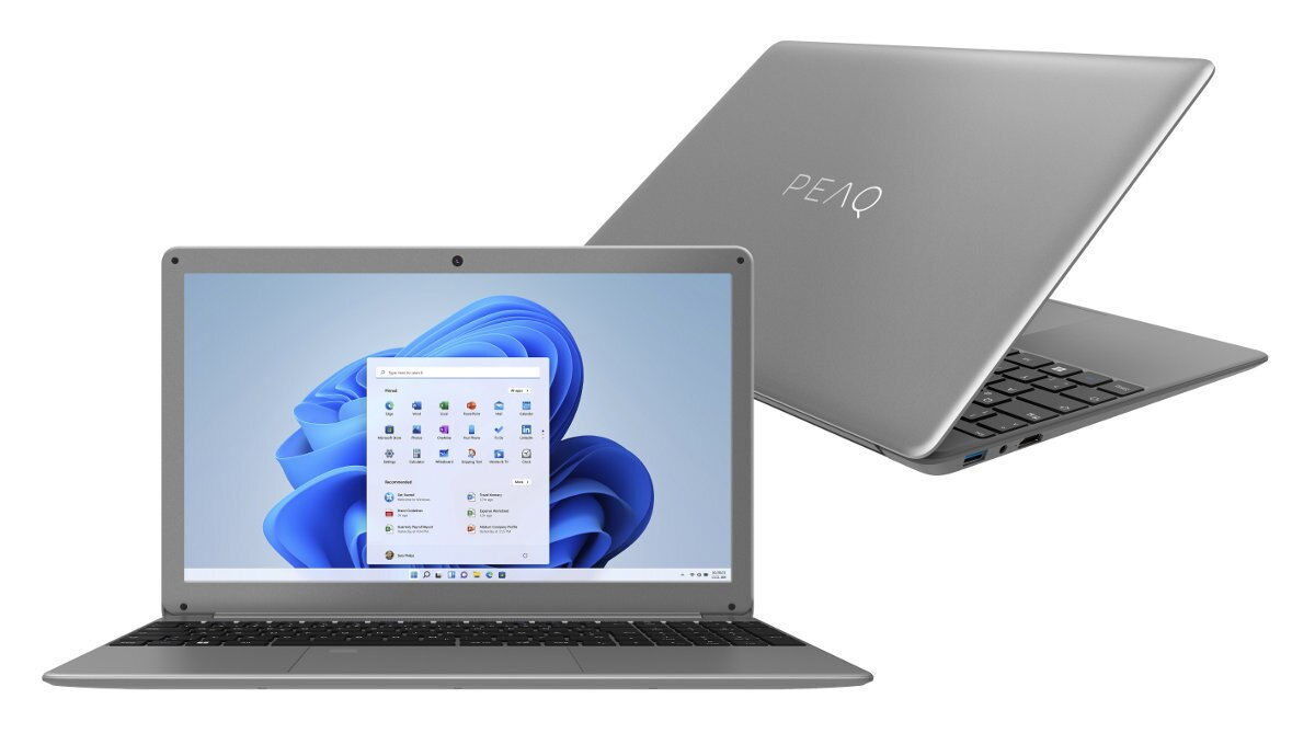 Dwa szare laptopy. Jeden otwarty z ekranem Windows, drugi zamknięty z nazwą marki.