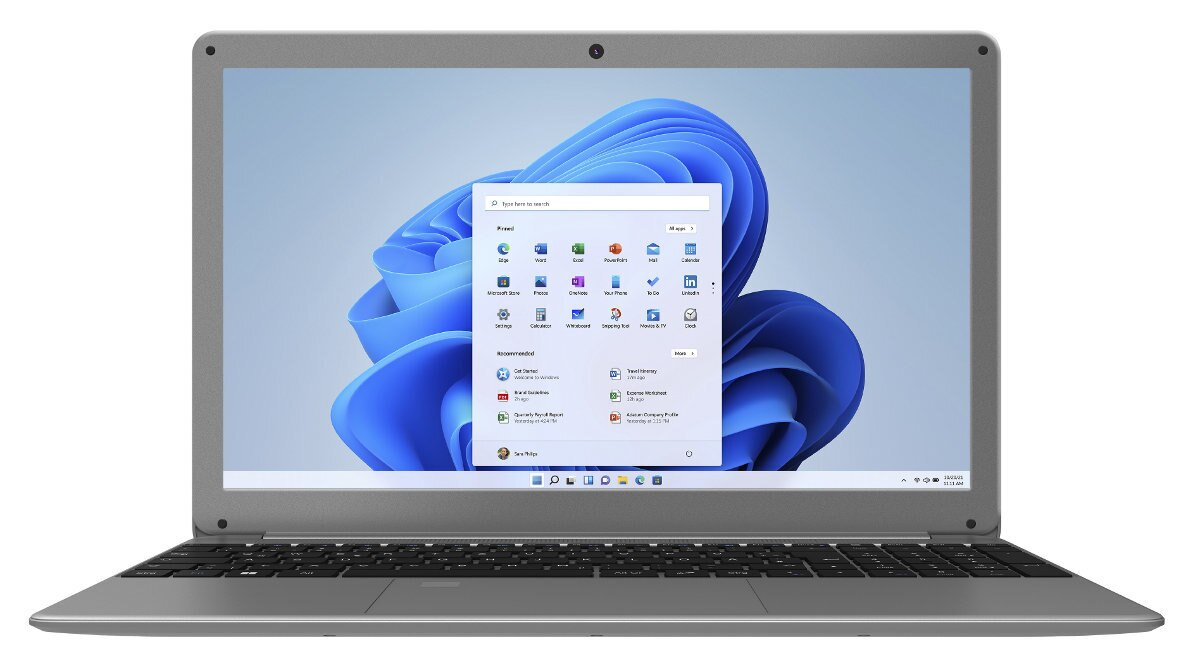 Srebrny laptop, otwarty. Windows 11 na ekranie. Widoczna klawiatura. Szara ramka.