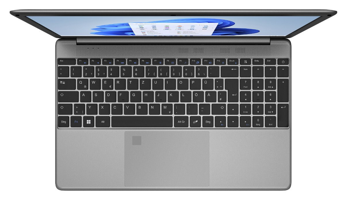 Laptop z otwartym ekranem, widok z góry. Klawiatura jest widoczna.