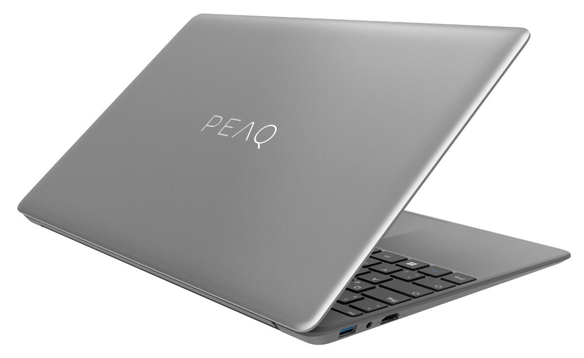 Szary laptop z widoczną tylną stroną, z nazwą marki PEAQ.