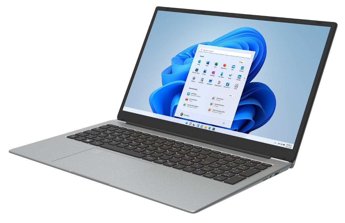 Srebrny laptop otwarty, wyświetlający interfejs Windows 11. Szara klawiatura i gładzik.