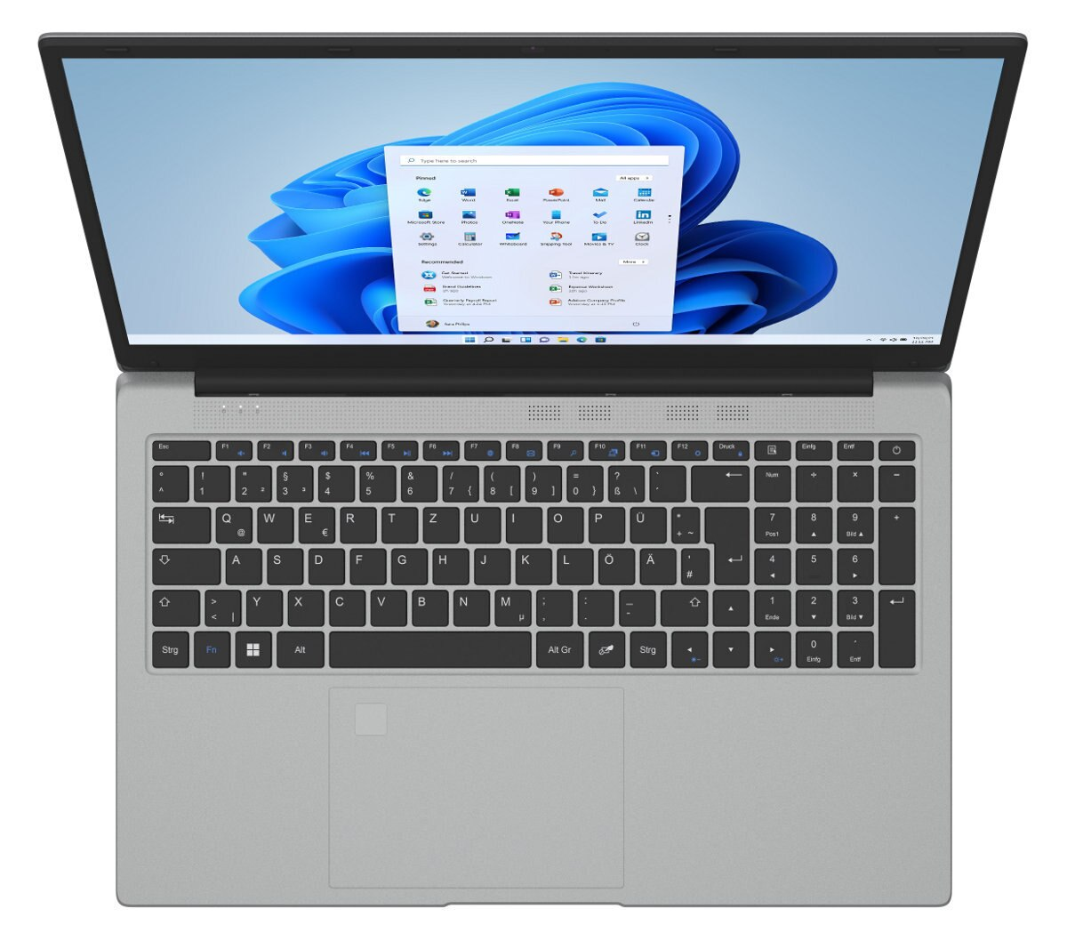 Srebrny laptop pokazujący pulpit Windows 11 z ikonami aplikacji. Otwarty, widok z góry.