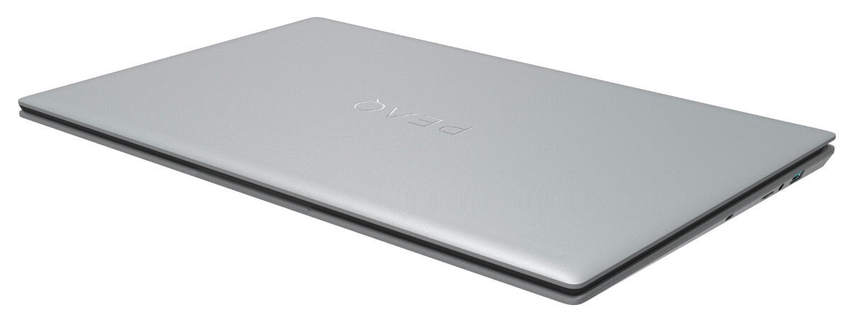 Srebrny laptop zamknięty. Widoczna jest górna część z wytłoczonym logo 'peaq'.