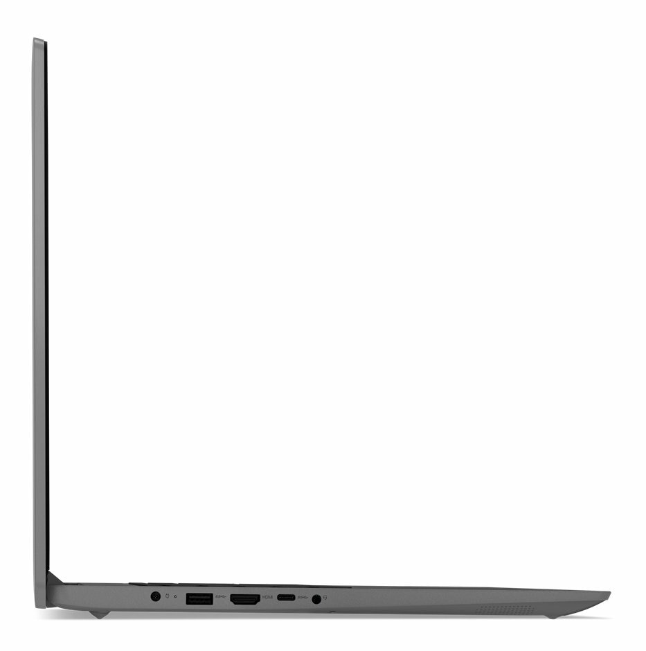 Widok z boku zamkniętego szarego laptopa z portami i ekranem.