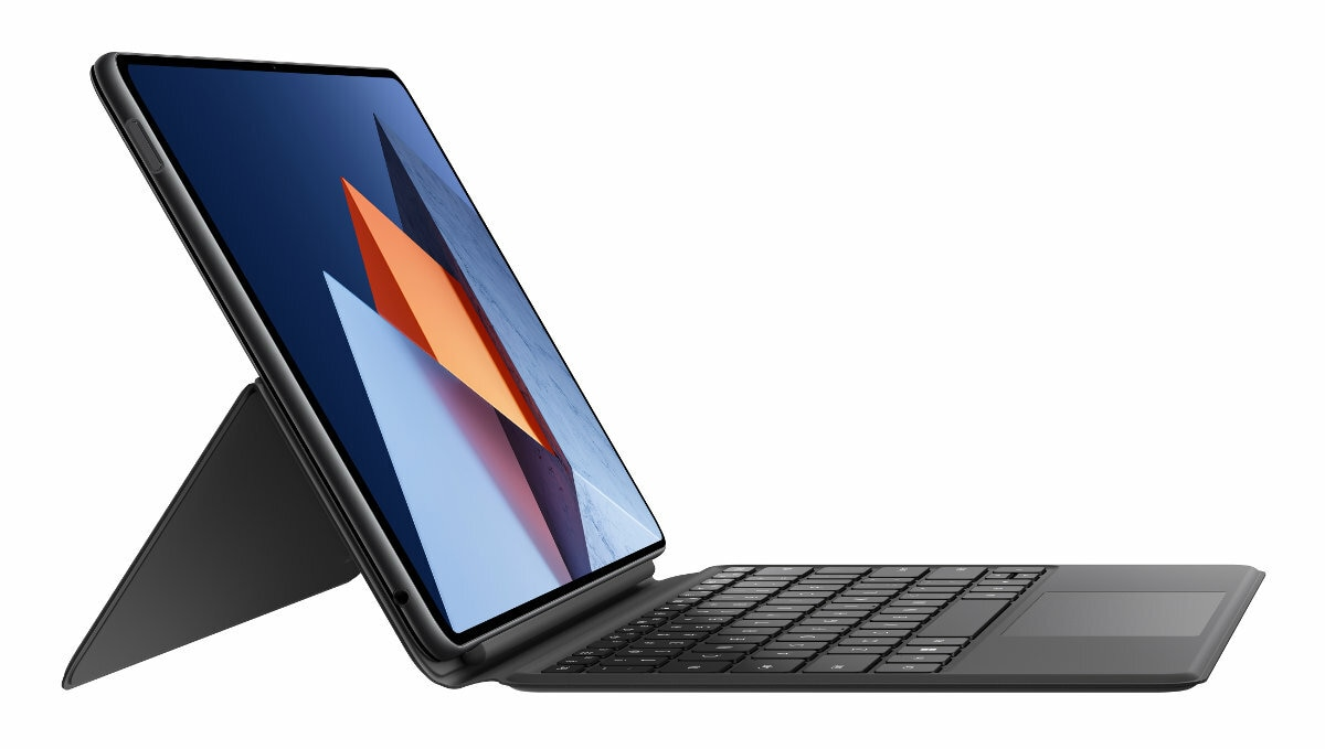 Tablet z etui z klawiaturą, ekran wyświetla nowoczesny, artystyczny design.