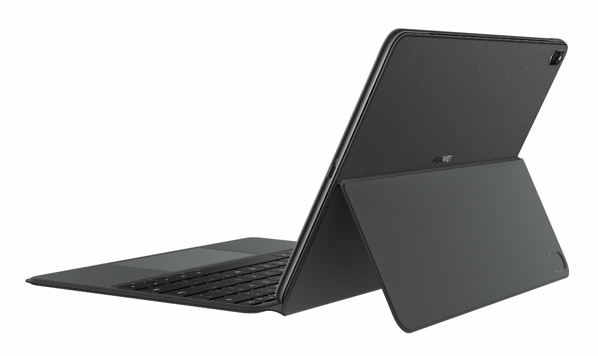Czarny tablet Huawei z klawiaturą, lekko otwarty, białe tło.