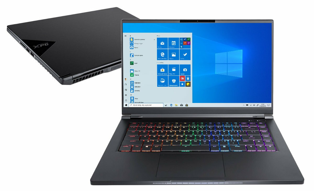 Dwa laptopy. Jeden otwarty z interfejsem Windows i kolorową klawiaturą, a drugi zamknięty.