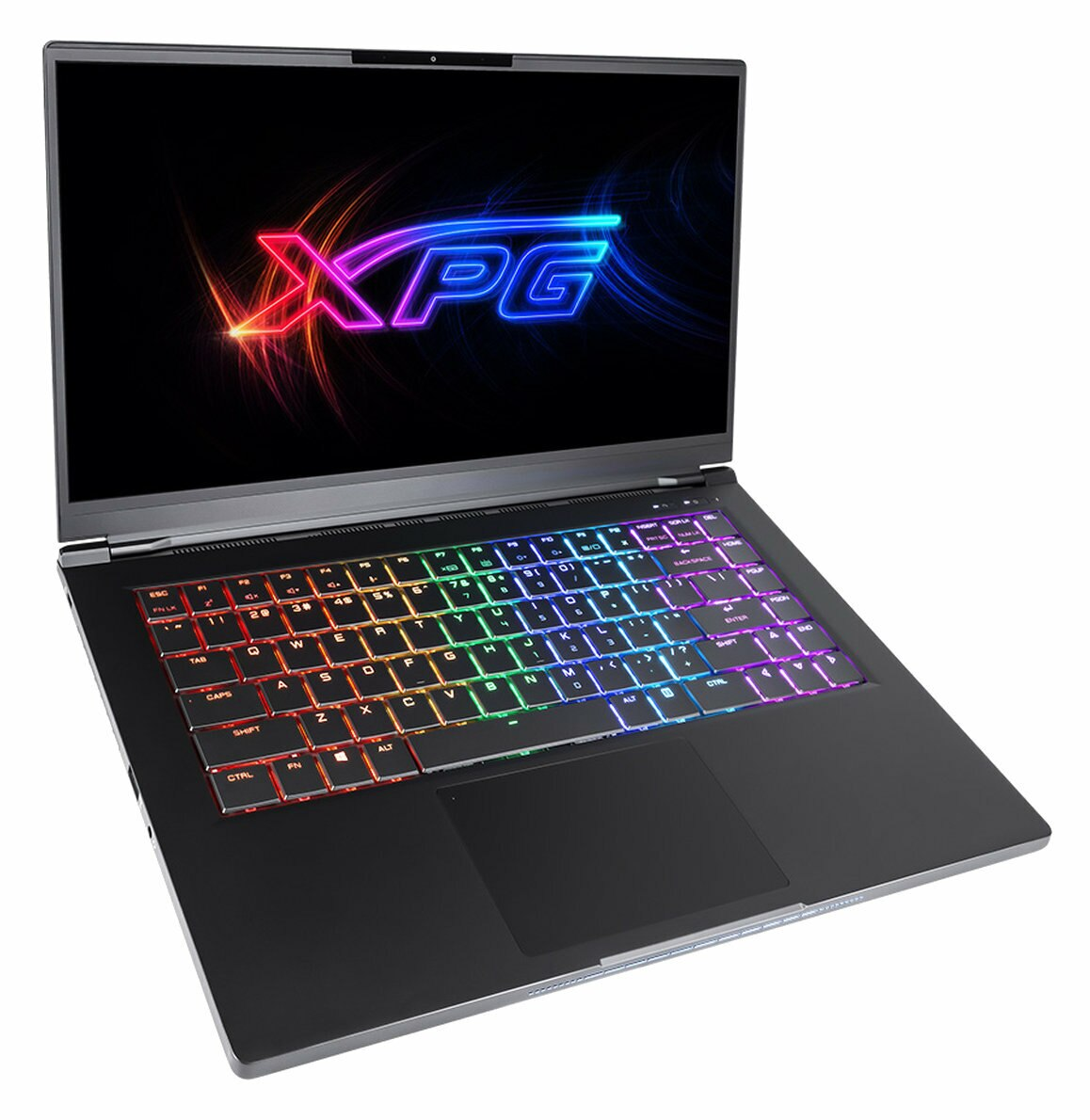 Czarny laptop z podświetlaną, wielokolorową klawiaturą. Logo XPG jest widoczne na ekranie.