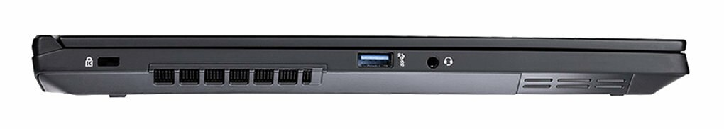 Widok z boku czarnego laptopa z gniazdem bezpieczeństwa, portami i otworami wentylacyjnymi.