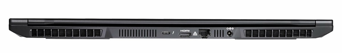 Widok od spodu czarnego laptopa, pokazujący otwory wentylacyjne, porty i wejście zasilania. Czysty design.