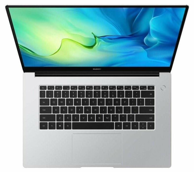 Srebrny laptop otwarty, widoczna klawiatura i ekran. Logo Huawei widoczne na górze.