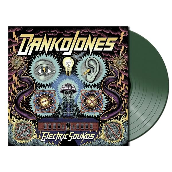Pochette d'album de Danko Jones 'Electric Sounds'. Disque vinyle vert à côté.