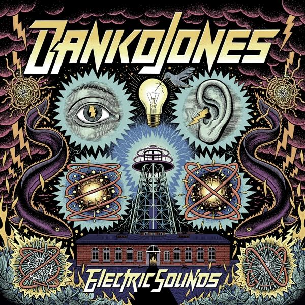 Pochette d'album avec un art surréaliste du nom du groupe et des éléments électriques.
