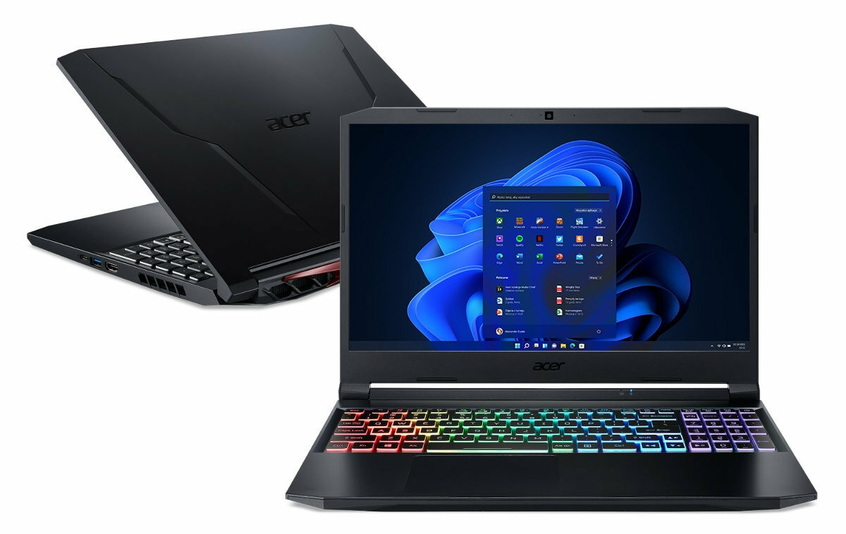 Dwa czarne laptopy Acer, jeden otwarty z ekranem, a drugi pod kątem ze zamkniętą pokrywą.