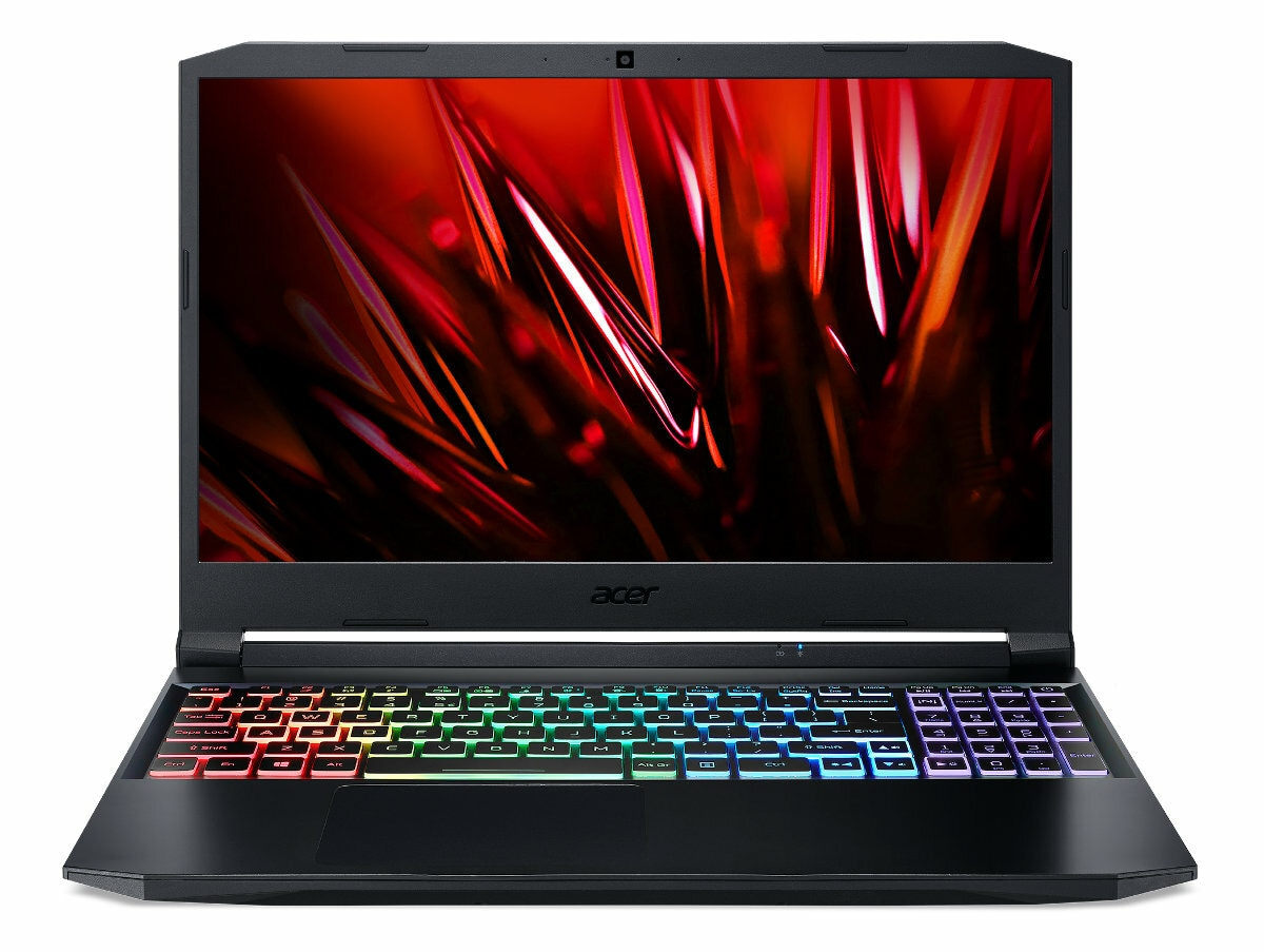 Czarny laptop Acer Nitro z kolorową podświetlaną klawiaturą, czerwony ekran.