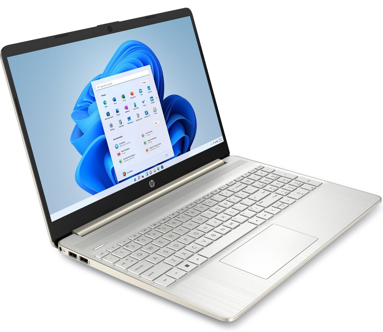 Srebrny laptop HP otwarty, wyświetlający pulpit systemu Windows 11 z różnymi ikonami aplikacji.