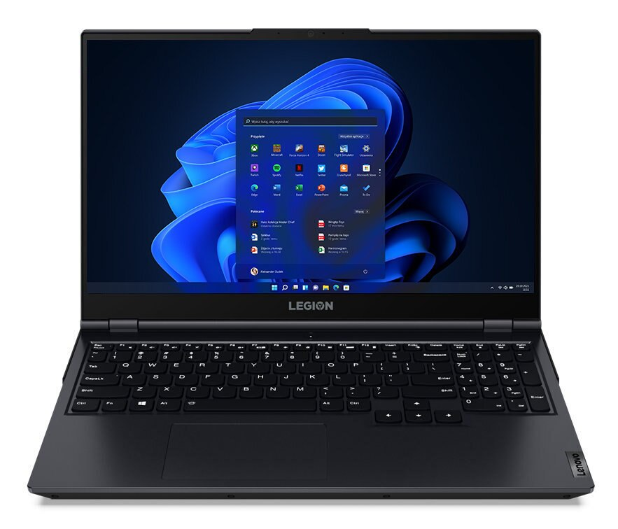 Laptop Lenovo Legion, otwarty, wyświetlający pulpit systemu Windows. Czarna klawiatura, czarna ramka.