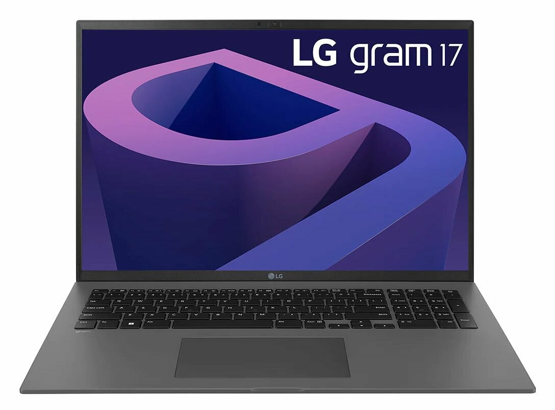 Laptop LG Gram 17, otwarty. Ekran wyświetla tekst, klawiatura widoczna. Szary kolor.