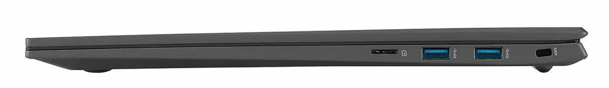 Widok z boku szarego laptopa, pokazujący porty, czarne tło.