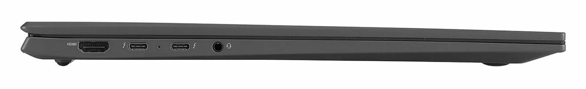 Widok z boku laptopa. Jest ciemnoszary, pokazujący porty HDMI, USB-C i audio.