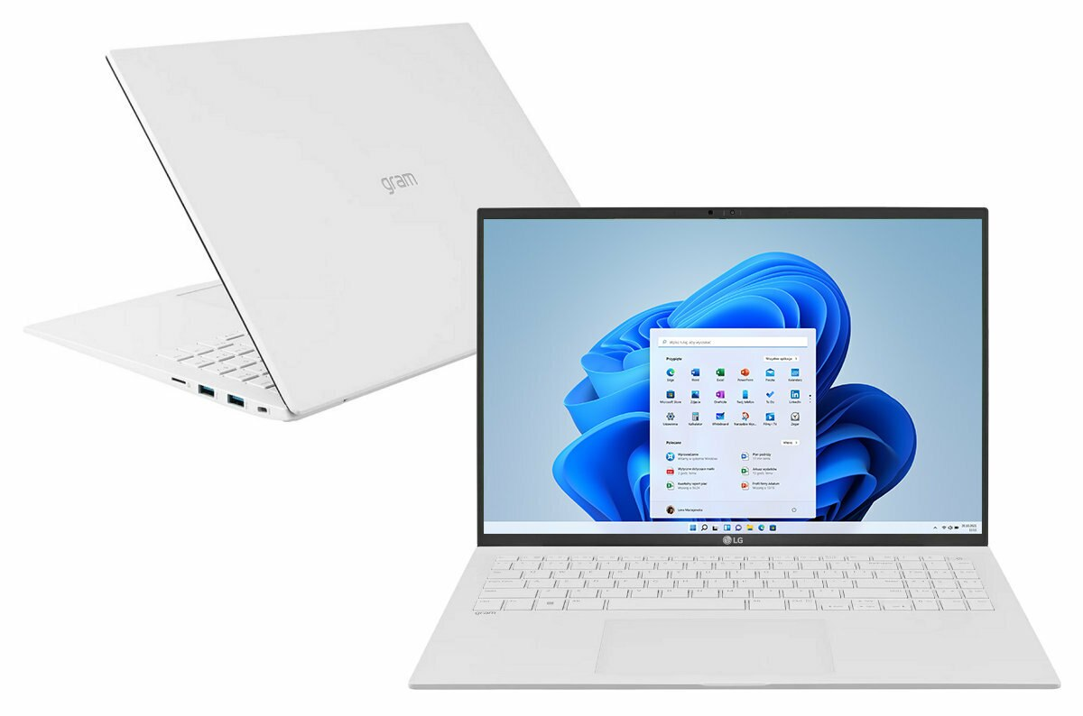 Biały laptop LG Gram otwarty z systemem Windows 11 i pokrywa laptopa.