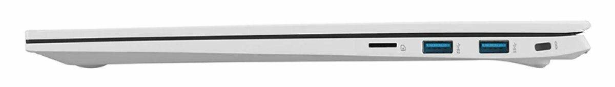 Widok z boku białego laptopa, pokazujący porty i połączenia USB. Laptop jest zamknięty.