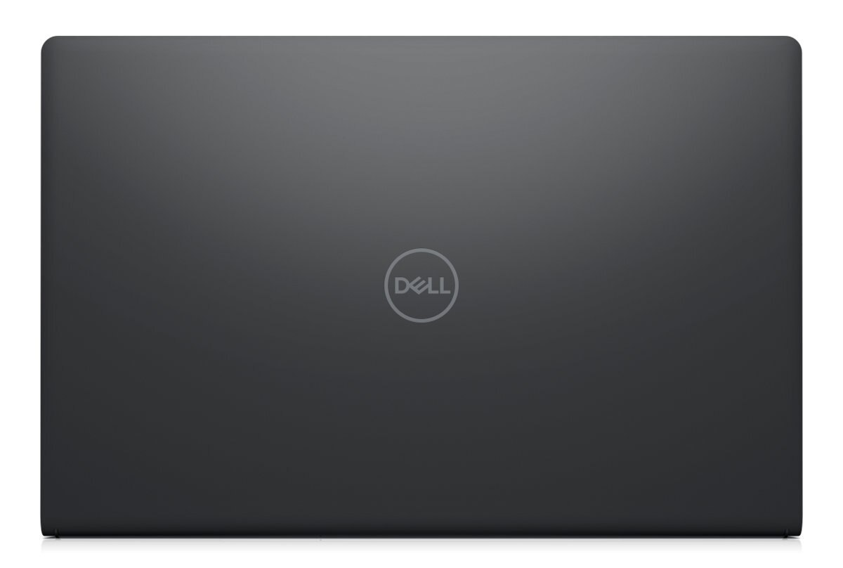 Laptop Dell, ciemnoszary na górze, z logo Dell pośrodku, białe tło.